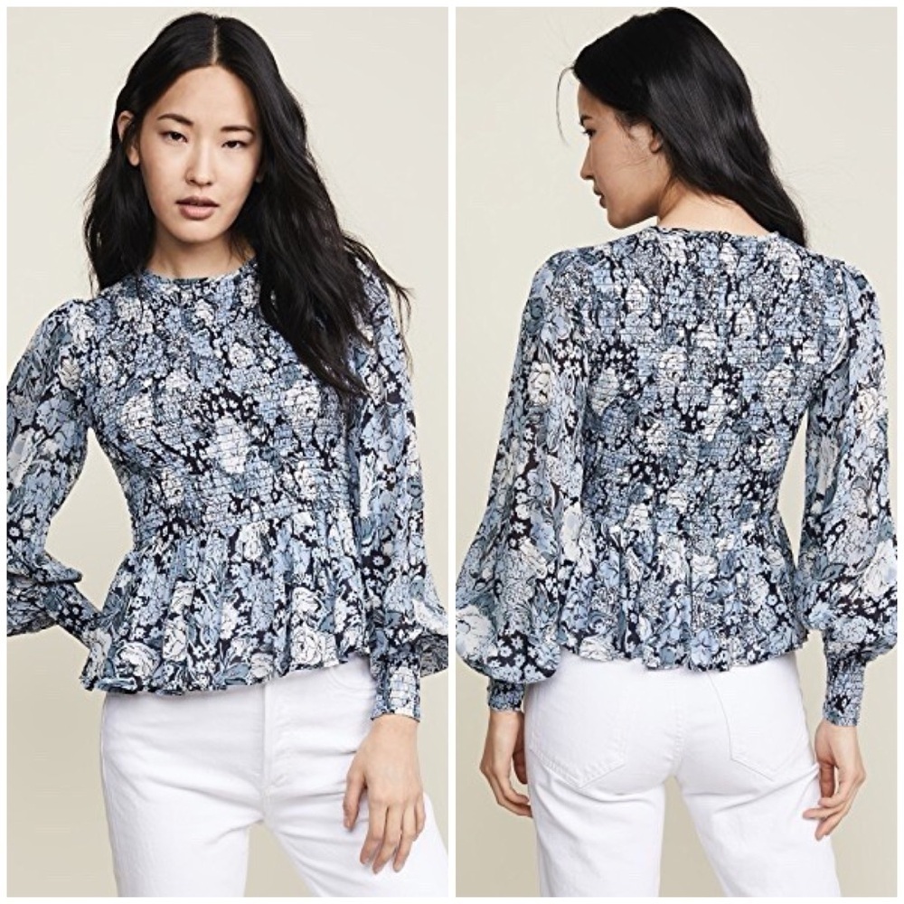 GANNI Elm Printed Georgette Peplum Top Smock Shirred Blouse Blue Floral Size XS